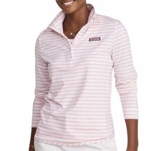 Vineyard Vines Sankaty The Shep Shirt Sz Medium Pink/White Stripe 1/4 Zip EUC